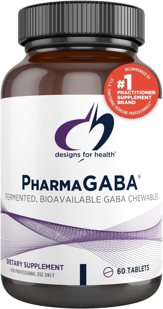 Diseños para salud Chewable GABA - 200mg FarmGABA Chewables, Fermented + Bioavailable Suplemento GABA para apoyar la calma - No GMO + Gluten Gratis (60 Tablets)