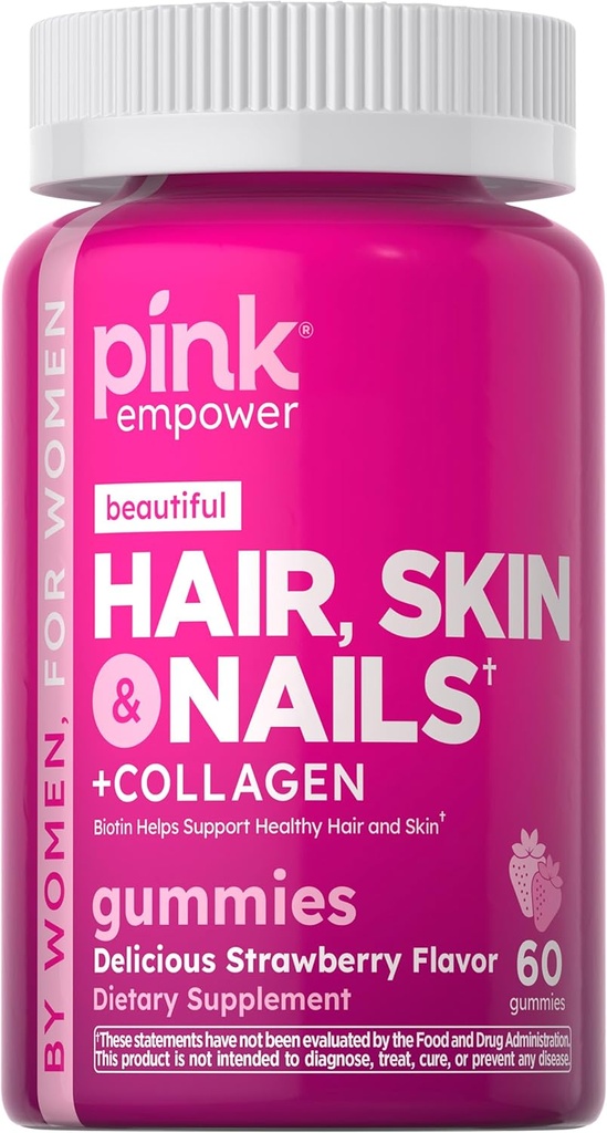 PINK Hair Skin Nails Gummies Silencio 60 Conde ← Plus Collagen " Biotin ← Vitaminas libres para las mujeres con sabor a fresa