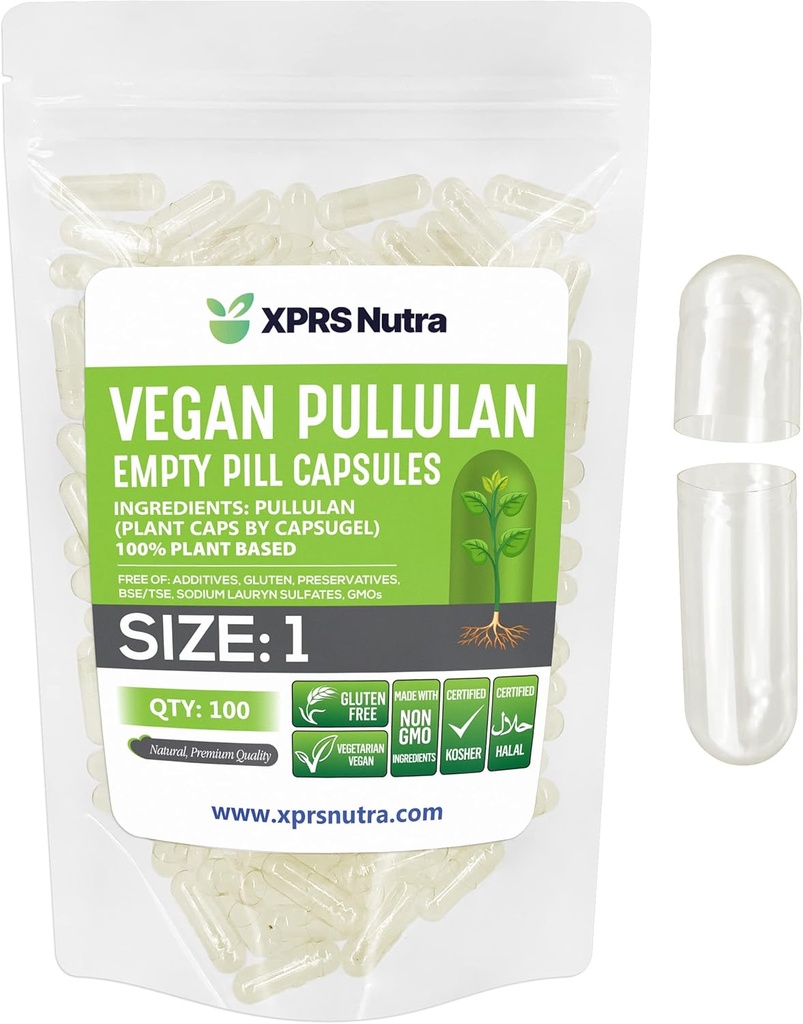 XPRS Nutra Size 1 Pullulan Empty Capsules - 100 Cuentas Clean Label Plantcaps Clear Empty Vegan Capsules - Premium Vegetarian Pills - Do-It-youself Vegetable Capsule Filling