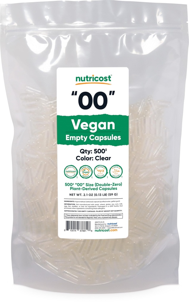 Nutricost Empty Capsules Tamaño 00 Vegan - 500 cápsulas vacías de base vegetal - Kosher Certified, Halal Certified, Non-GMO, Soy Free, Gluten Free, Vegetarian