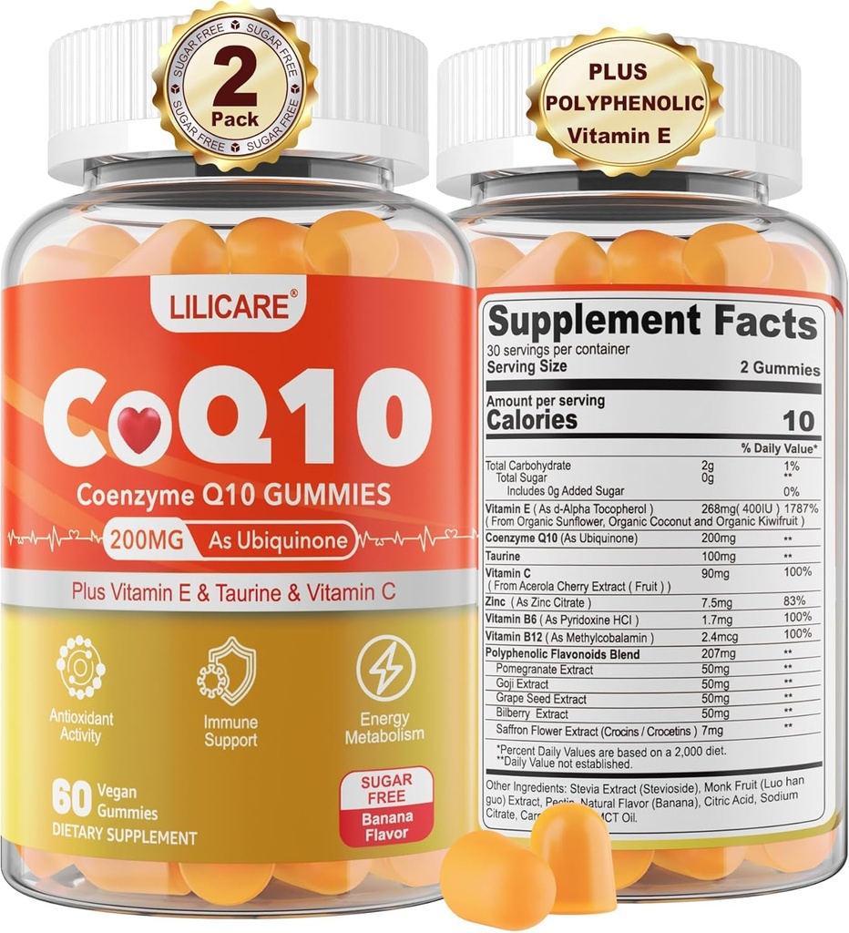 CoQ10 200mg Gummies - Coenzima Q10 w/Taurina, Vitamina E, C, B6, B12, Zinc - Alta Absorción Suplemento CoQ10 para Antioxidante, Energía Celular & Salud del oído, Vegan 120 C