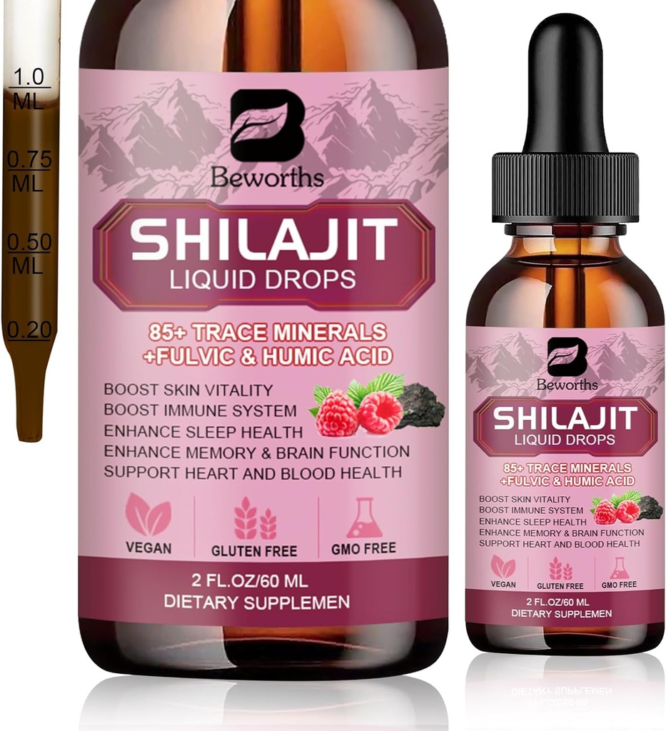 Shilajit Resin Liquid Drops ← Organic Shilajit 85+ Trace Minerals Complex with Ashwagandha, Turmeric, Ginseng, Chaga Supplement for Digestion Support, Energy Booster - Vegan