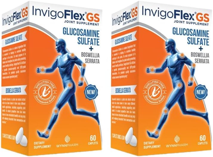 Sulfato de Glucosamina INVIGOFLEX (Shellfish Free, Sodium Free &amp; Vegetarian Safe) No GMO, Gluten Free - con Boswellia Serrata - Suplemento Conjunto Premium GS - 2 Pack