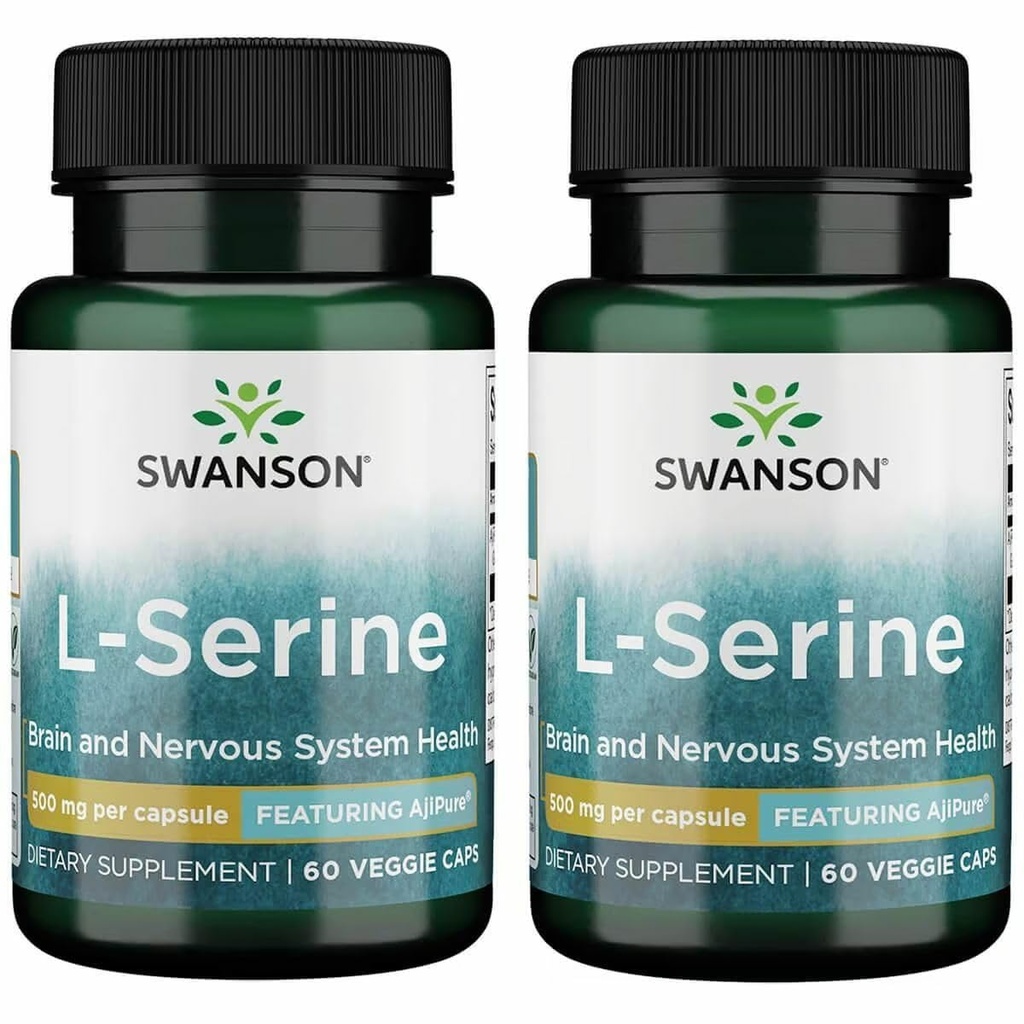 Swanson Ajipure L-Serine - Suplemento Aminoácidos Apoyo a la Salud del Cerebro " Función del sistema nervioso - Fórmula Natural Promoción Función Cognitiva - (60 cápsulas vegetales, 500 mg cada uno) (2 Pack)