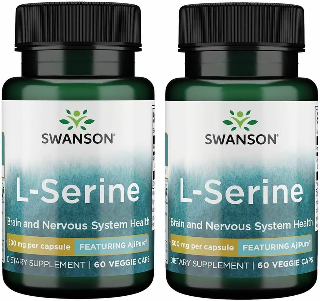Swanson Ajipure L-Serine - Suplemento Aminoácidos Apoyo a la Salud del Cerebro " Función del sistema nervioso - Fórmula Natural Promoción Función Cognitiva - (60 cápsulas vegetales, 500 mg cada uno) (2 Pack)