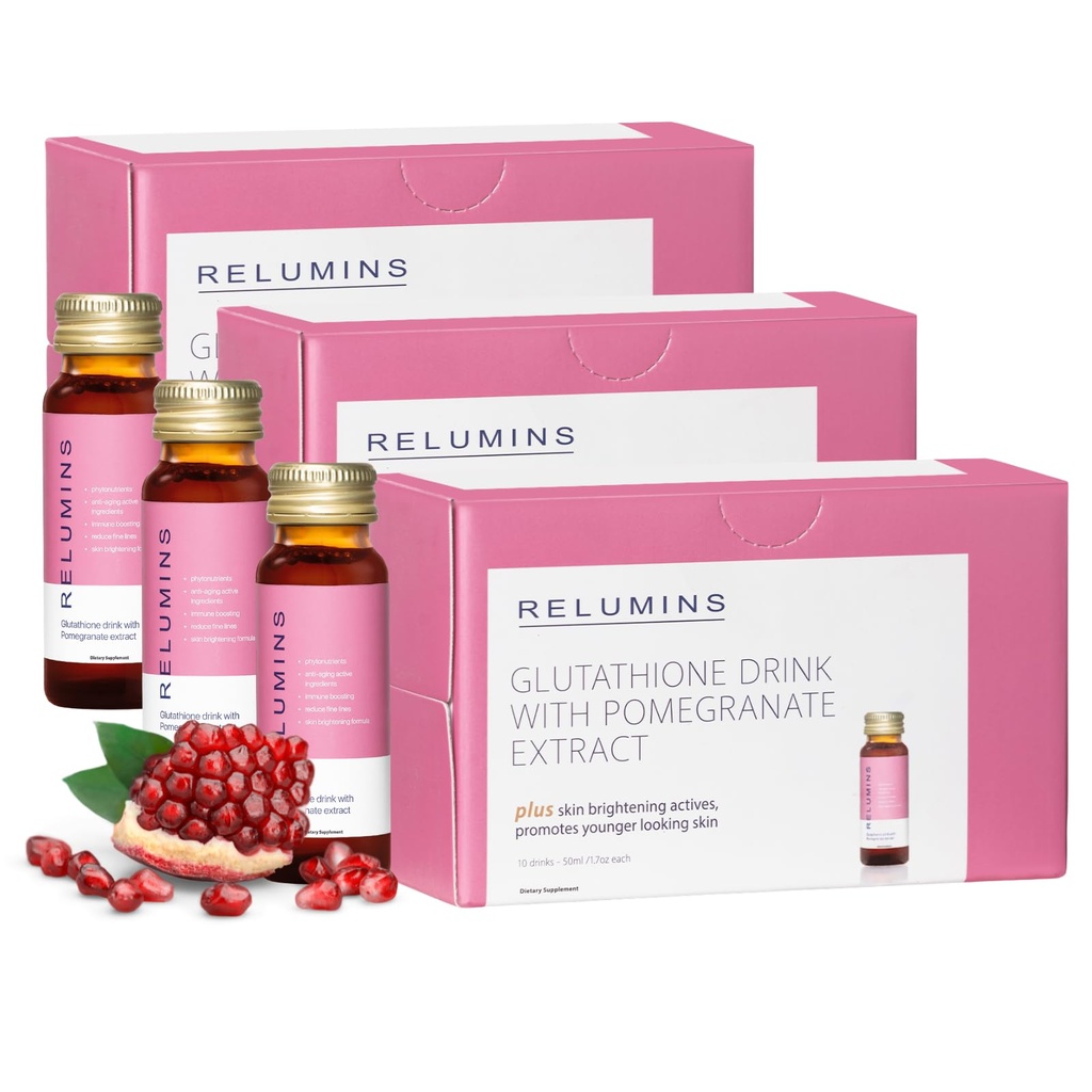 Relumins Glutathione Hydration Shots - Post-Summer Skin Recovery " Cold Weather Hydration - Collagen-Boosting " Made in USA - Pomegranate Flavor – 30 Bottles x 50 ml