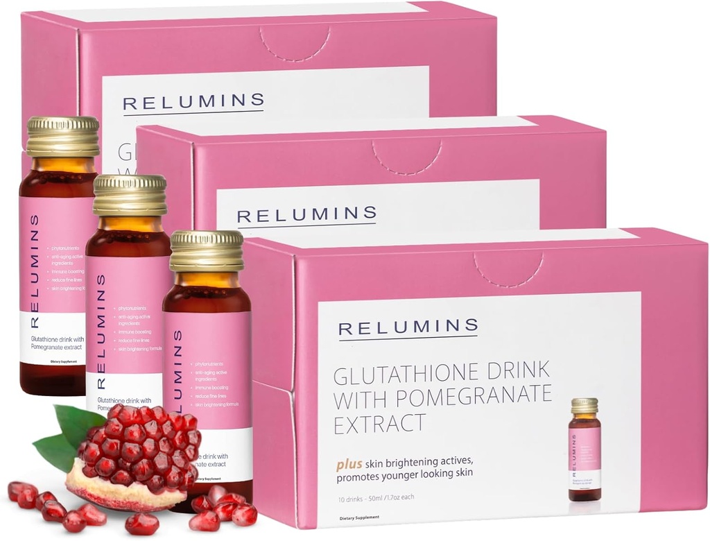 Relumins Glutathione Hydration Shots - Post-Summer Skin Recovery " Cold Weather Hydration - Collagen-Boosting " Made in USA - Pomegranate Flavor – 30 Bottles x 50 ml