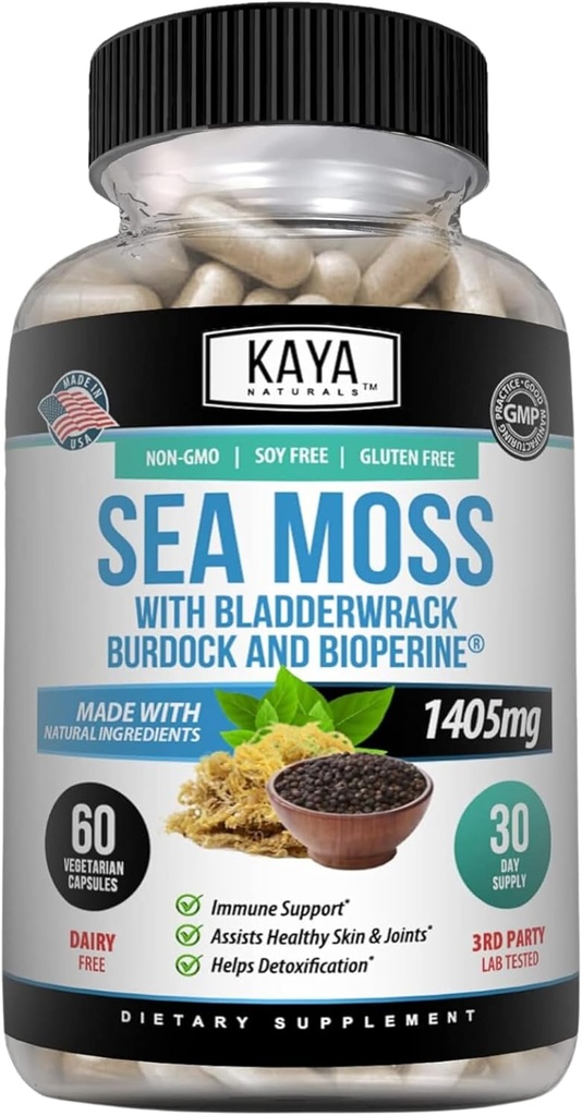 Kaya Naturals Sea Moss - Mobility Supplement for Men and Women - with Burdock Root, Irish Moss, Bladderwrack y BioPerine - for Mobility Health and Immune Boost, 60 Count
