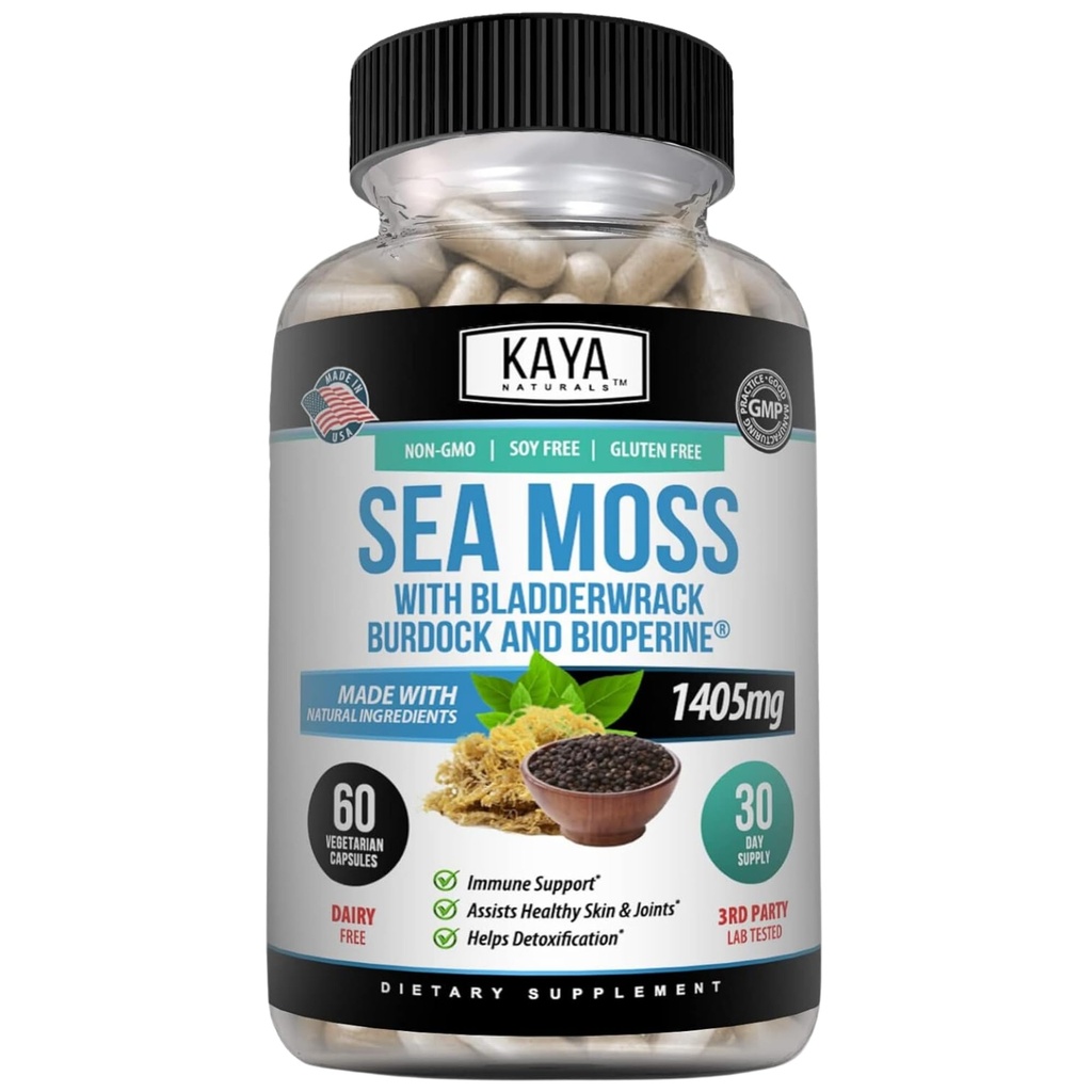 Kaya Naturals Sea Moss - Mobility Supplement for Men and Women - with Burdock Root, Irish Moss, Bladderwrack y BioPerine - for Mobility Health and Immune Boost, 60 Count