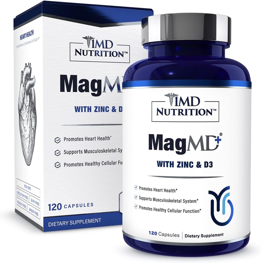 1MD Nutrition MagMD Plus - Magnesium with Zinc &amp; D3 ← promueve la salud del corazón, soporta la fuerza del músculo y el sistema de inmunodeficiencia de la ayuda - 120 Ct