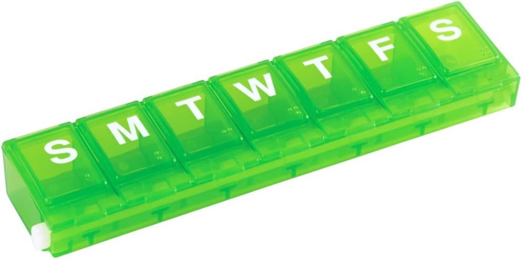 Planificador semanal de píldoras de 7 días, caja de medicina, caja de organizadores de vitaminas, pequeños elementos de bloqueo para la medicina de prescripción segura y prevenir el espiramiento accidental, verde