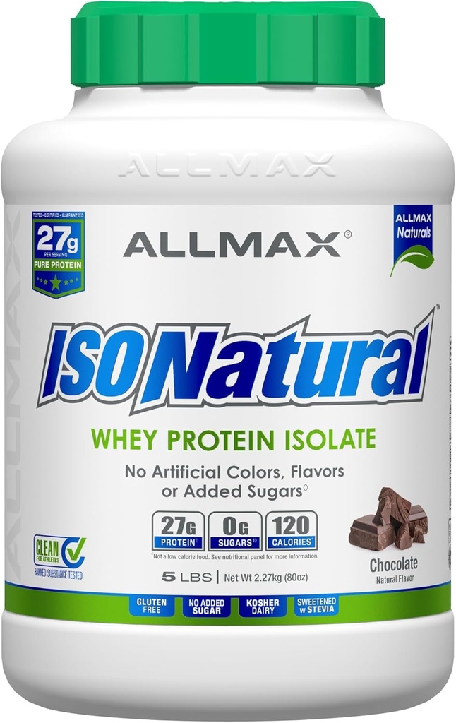 ALLMAX ISONATURAL Whey Protein Isolate, Chocolate - 5 lb - 27 Gramos de Protein Por Scoop - Zero Fat & Sugar - 99% Lactose Gratis - con Prebióticos - Sin Sabores Artificiales - Aprox. 73 Servimientos
