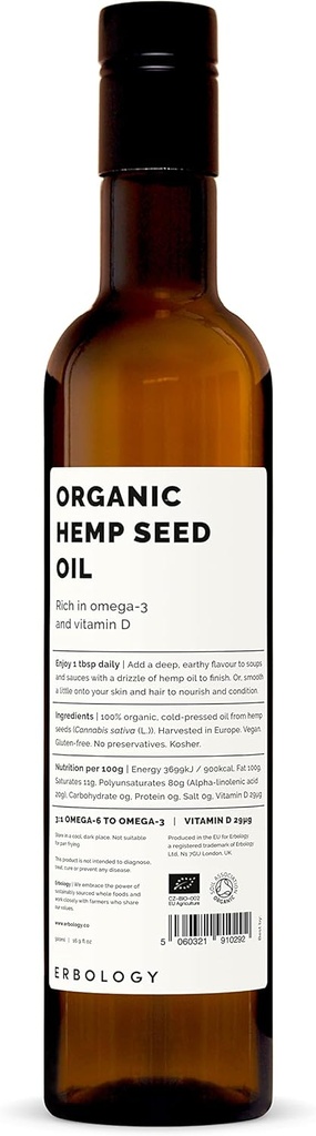 Erbology Organic Hemp Seed Oil 17 fl oz - Cold-Presed - Rich in Omega-3 - Source of Vitamin D - Straight from Farm - Non-GMO - No Additives or Preservatives - Recyclable Glass Bottle