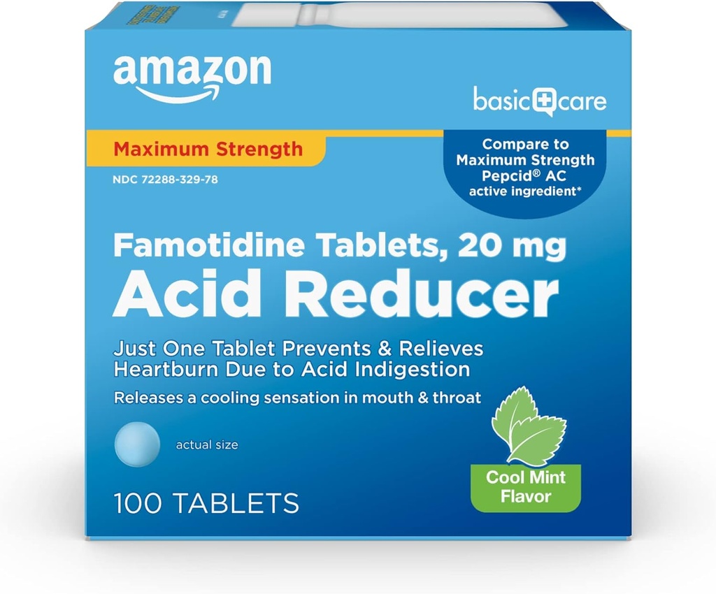 Cuidado básico Famotidine 20mg Cool Mint Tablets, 100 Cuenta, Blanco