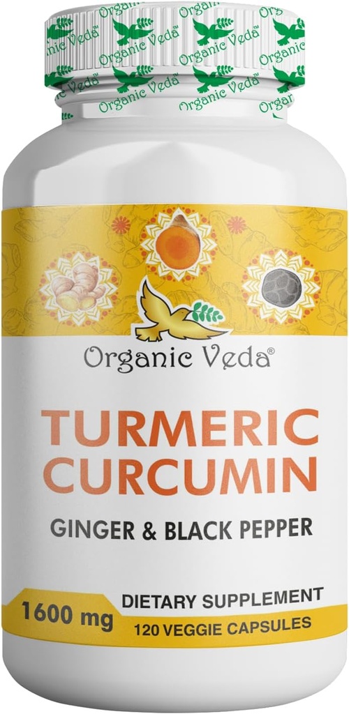 Orgánica Veda Turmeric y Ginger Capsules 120 Pills - Orgánica Turmeric Curcumin con Pepper Negro para Soporte Conjunto - No GMO, Gluten Free, Turmeric y Ginger Suplemento (95% curcuminoides)