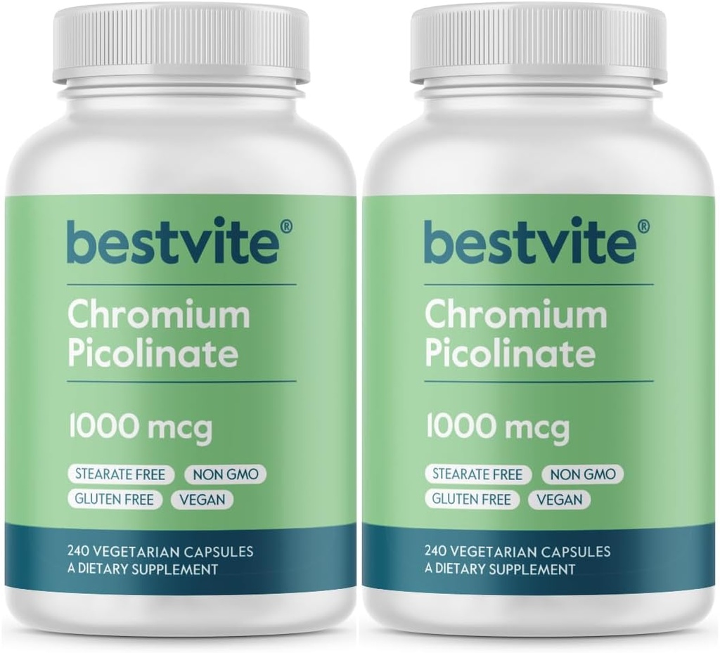 BESTVITE Chromium Picolinate 1000mcg (480 capsules vegetarianos) (240 x 2) - No Stearates - No Dicalcium Phosphate - Vegan - Gluten Free - Non-GMO
