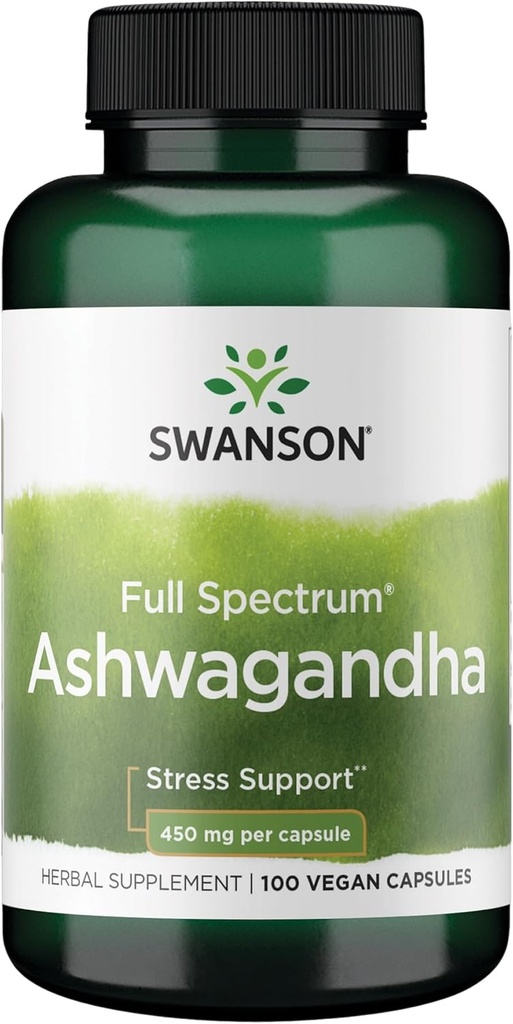 Swanson Ashwagandha Powder Supplement - Ashwagandha Root " Aerial Parts - Promotes Stress Relief & Energy - Ayurvedic Supplement for Natural Wellness (100 cápsulas, 450 mg cada uno)