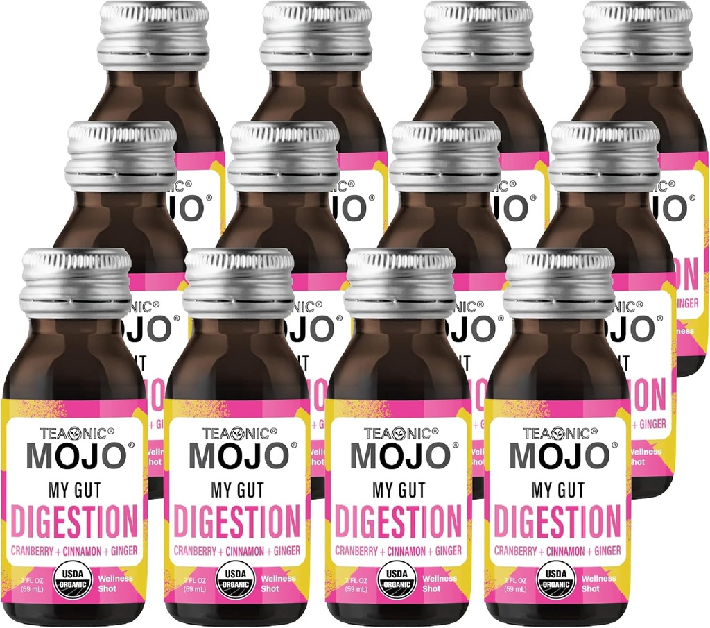 TEAONIC My Gut Mojo: Digest, Detox Bebidas para una mejor digestión, Con arándano, jengibre, canela, USDA-Certificado, Libre de azúcar, Bebidas sin cafeína, 12 botellas, Cada Weighing 2 Fl Oz