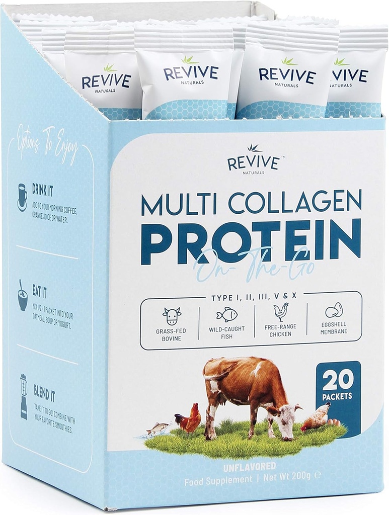 Multi Collagen Protein Powder Packets - Tipos I, II, III, V & X - Hidrolyzed Grass Fed Bovine, Wild Caught Fish, " Free-Range Chicken " Eggshell Collagen. Non-GMO, Halal, (10g Cada, 20 Packets)