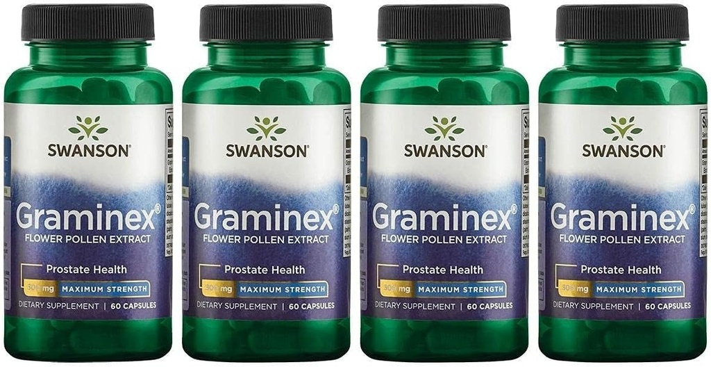 Swanson Extracto de Graminex de máxima resistencia - Apoyo a la salud de próstata, la función del tracto urinario y la salud del riñón - Mens Health Supplement - (60 cápsulas, 500 mg cada uno) (4 paquete)