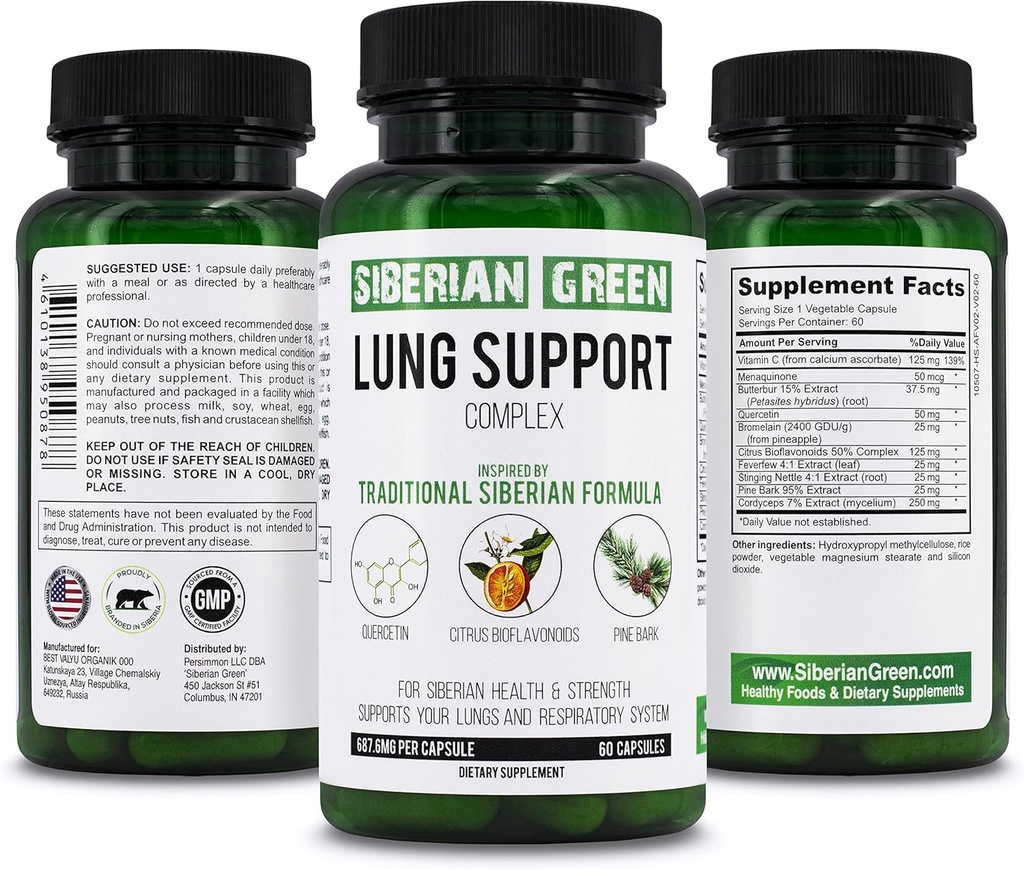 Siberian Green Lung Support Complejo 60 cápsulas - Suplemento de fórmula tradicional Rich en Quercetin, Citrus Bioflavonoids, Pine Bark