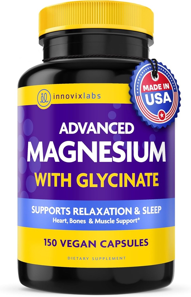InnovixLabs Advanced Magnesium Capsules - 150 Ct, 210 mg - Glycinate Chelated y Malate - Alta Absorción, Promueve Relajación, Huesos, Muscle Health, Vegan Malate Sleep Suplemento