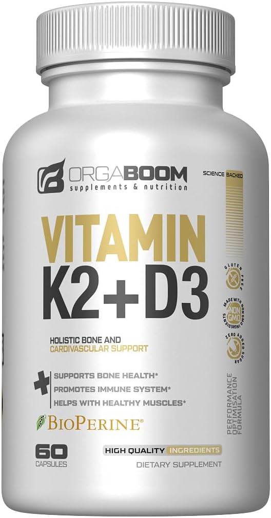 Vitamina D3 K2 Calcio Suplemento - Vitamina D 5000 UI + Vitamina K2 MK7 100 mcg, Bone Strength & Heart Health Supplements for Women &amp; Men, D3K2 Teeth Vitamins with Bioperine, US-Made Non-GMO 60 Cap