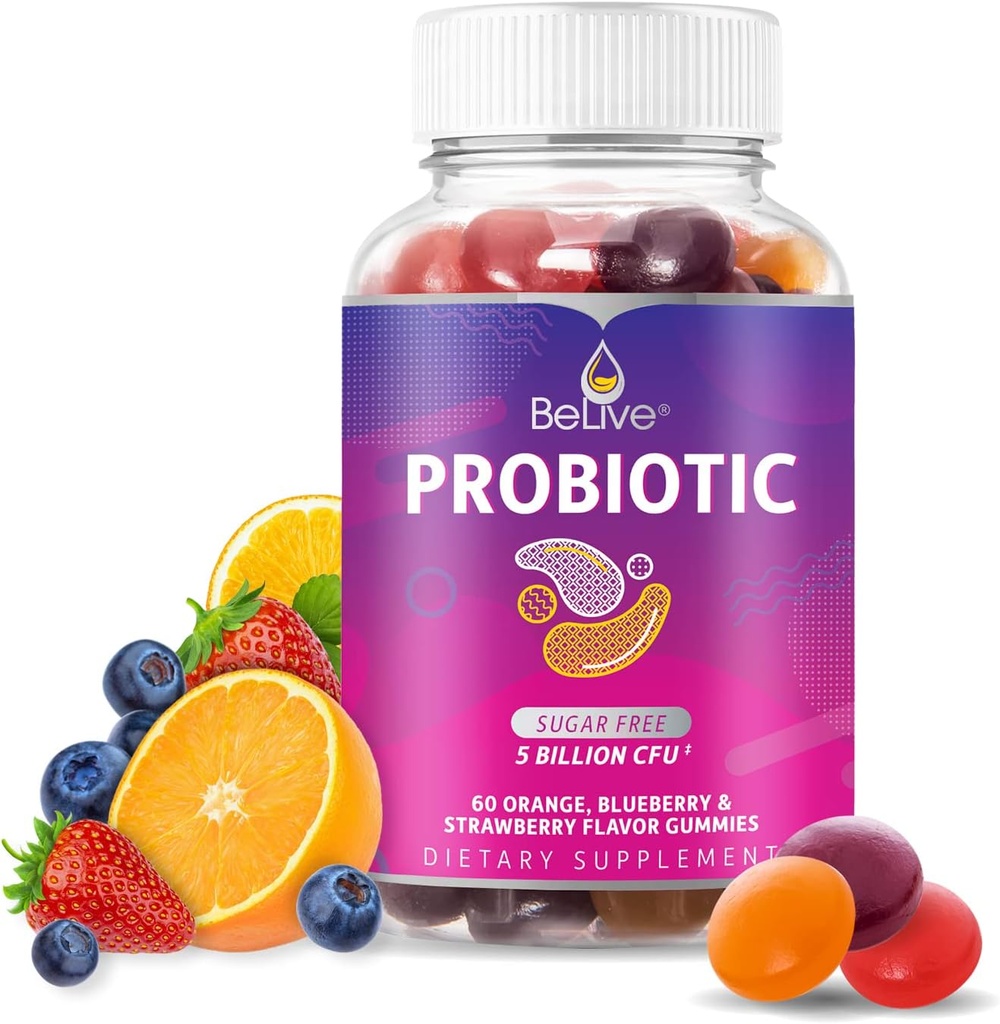 BeLive Probiotic Gummies - Probiotics with 5 Billion CFUs for Digestive Health, Men, Women &amp; Kids - for Immune Support, Sugar Free & Vegan ← 60 Ct – Blueberry, Strawberry & Orange