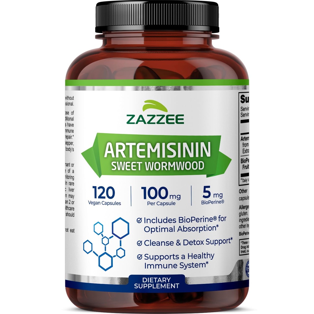 Zazzee High Absorption Artemisinin, 100 mg por cápsula, 120 cápsulas Vegan, con 5 mg BioPerina para la absorción máxima, extracto de madera dulce, 4 meses de suministro, todo natural y no GMO