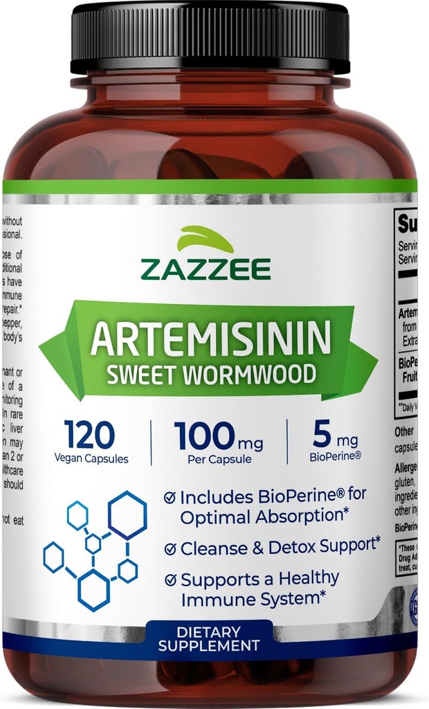 Zazzee High Absorption Artemisinin, 100 mg por cápsula, 120 cápsulas Vegan, con 5 mg BioPerina para la absorción máxima, extracto de madera dulce, 4 meses de suministro, todo natural y no GMO
