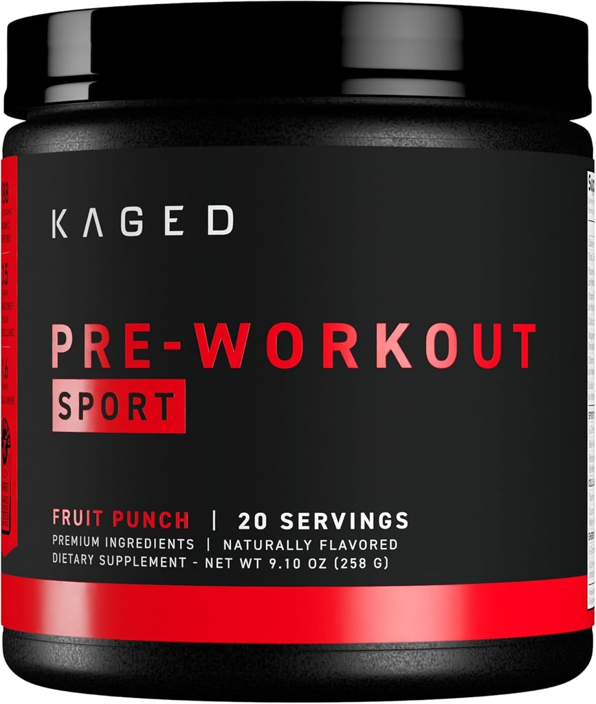 Kaged Sport Pre Workout Powder for Men &amp; Women, Fruit Punch, Sport Certified, 188mg Caffeine, Nitric Oxide Supplement, Beta Alanine for Energy, Weightlifting, Cardio Endurance &amp; Strength, 20 Servings