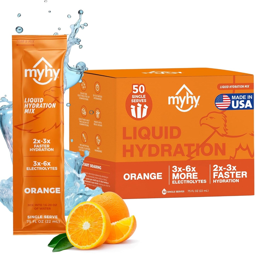 MyHy Liquid Hydration Packets, Electrolyte Drink Mix for Adults &amp; Kids Hydration Support, Dehydration Relief for Travel, Pregnancy, Fitness, Bachelor &amp; Bachelorette Party – Orange, 50 Cuenta