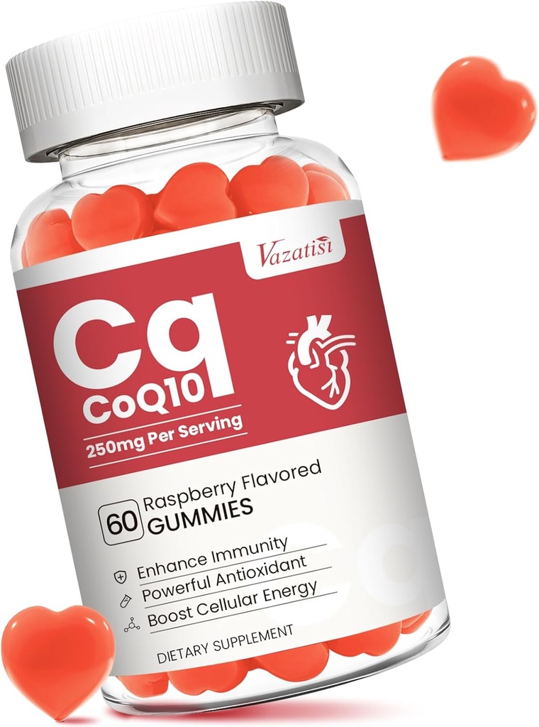 Alta Absorción CoQ10 Gummies 250 mg, Plus Omega-3, Vitamina B3 para Energía Celular, Cerebro & Antioxidante, 5X mejor absorción Coenzima Q10 Suplemento, Raspberry Flavored - 60 Cts