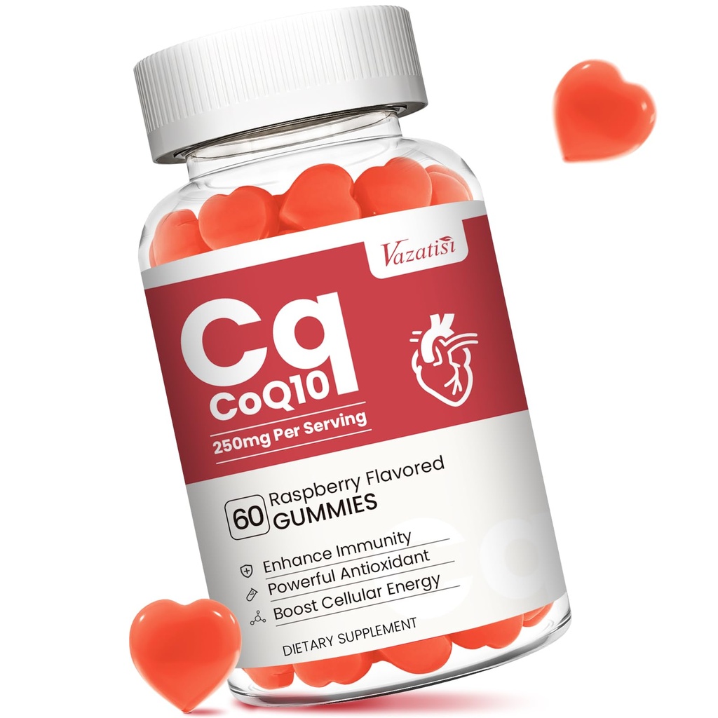 Alta Absorción CoQ10 Gummies 250 mg, Plus Omega-3, Vitamina B3 para Energía Celular, Cerebro & Antioxidante, 5X mejor absorción Coenzima Q10 Suplemento, Raspberry Flavored - 60 Cts