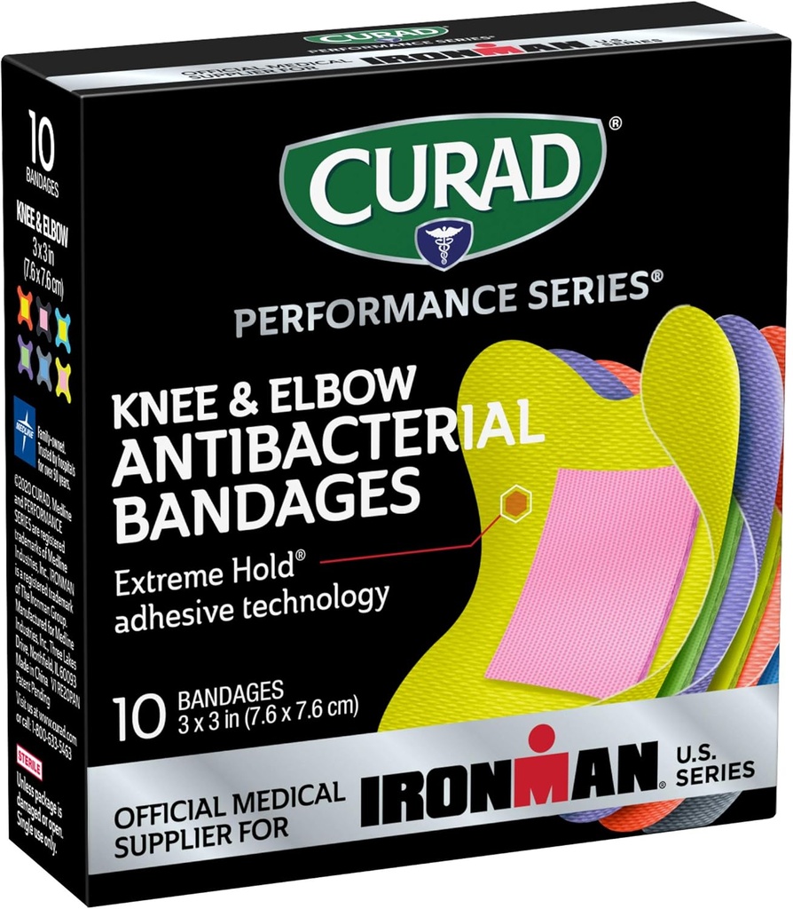 CURAD Performance Series IRONMAN Antibacterial Bandages, Extreme Hold Adhesive Technology, Knee & Elbow 3 pulgadas x 3 pulgadas, 10 Conde, Ideal para Cortes, Raspas, Deportes y Estilos de Vida Activos