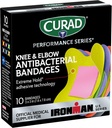CURAD Performance Series IRONMAN Antibacterial Bandages, Extreme Hold Adhesive Technology, Knee & Elbow 3 pulgadas x 3 pulgadas, 10 Conde, Ideal para Cortes, Raspas, Deportes y Estilos de Vida Activos