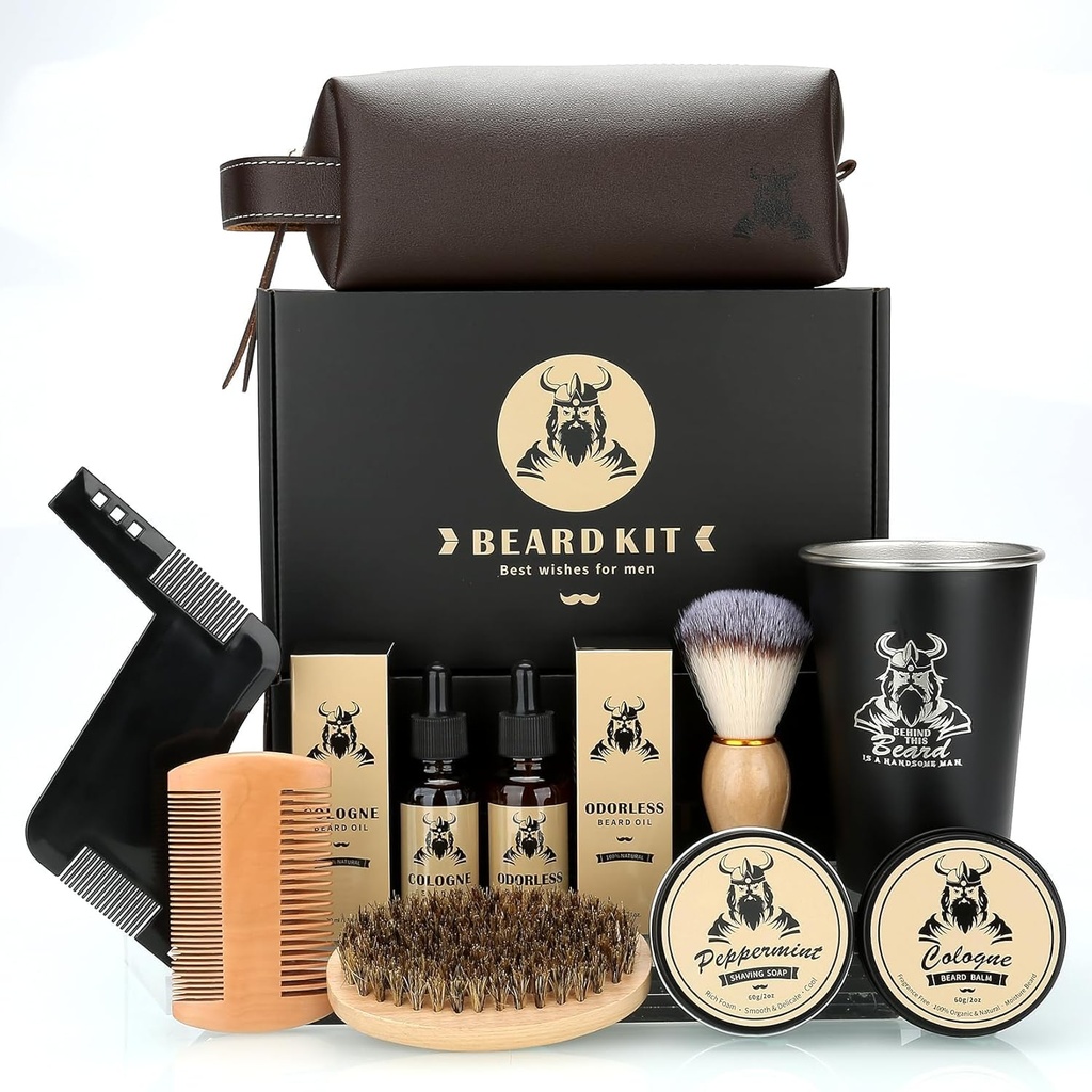 Regalos de Beard Kit para Hombres, Regalos de Cumpleaños del Día del Padre para Hombres Dad him, Juego completo de la herramienta de recortamiento, kit de cuidado de barba con 2 aceite de crecimiento de barba/Balm/Brush/Comb/Shaving Soap/Cup conllevaStorage Bag