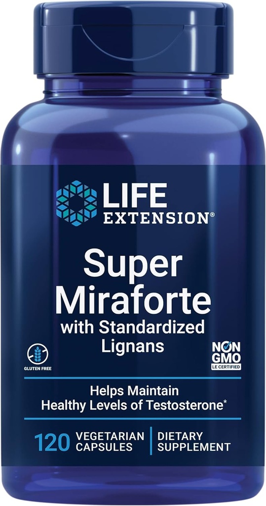 Super Miraforte de extensión de vida con Lignanos estandarizados, chrysin, Nettle Root, Muira puama, maca, zinc, Fórmula focalizada para beneficios de testosterona, Vegetariano, Libre de gluten, No GMO, 120 cápsulas