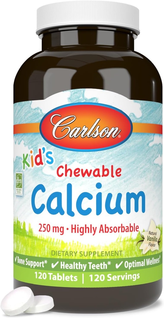 Carlson - Calcio Chewable de niño, 250 mg, Altamente Absorbable, Bono " Apoyo a los dientes, Bienestar óptimo, Sabor de vainilla natural, 120 Tablets