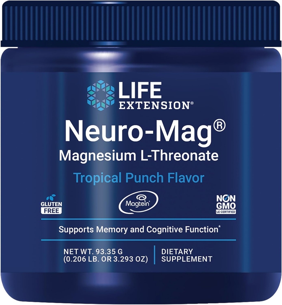 Extensión de la vida Neuro-Mag Magnesium L-Threonate Powder (Tropical Punch) - Magnesio ultraabsorbable - admite memoria, enfoque, función cognitiva " Mood - Gluten free, non-GMO, Vegetarian (30 Servimientos)