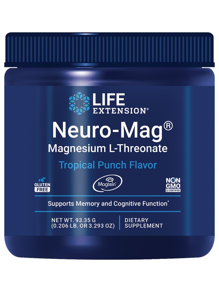 Life Extension Neuro-Mag Magnesium L-Threonate Powder (Tropical Punch) - Ultra-Absorbable Magnesium - Supports Memory, Focus, Cognitive Function & Mood - Gluten free, Non-GMO, Vegetarian (30 Servings)