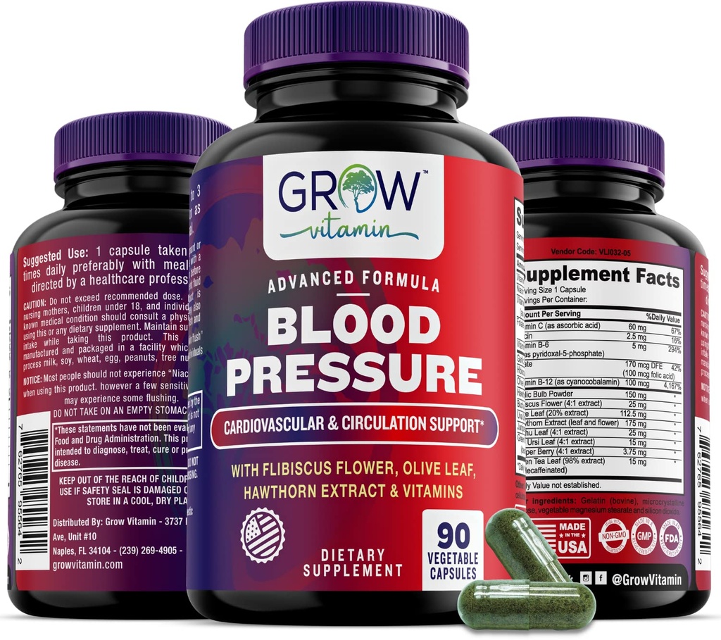 cultivar vitamina Presión arterial Fórmula de apoyo Suplemento para la salud cardiovascular y cardíaca con ajo, hawthorn " Hibiscus - 90 cápsulas