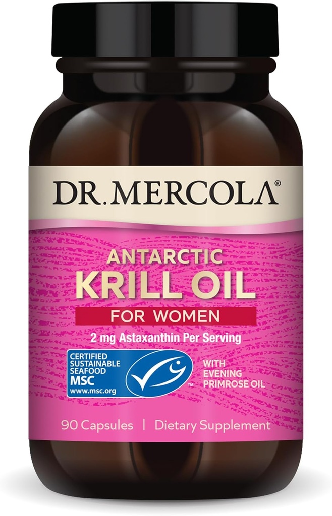 Dr. Mercola Krill Oil for Women - 2 mg Astaxanthin - MSC Certified Sustainable - Supports Brain, Skin & Immune Systems - with Omega-3s - Non-GMO, Gluten-Free &amp; Soy-Free - 90 cápsulas (30 servidos)