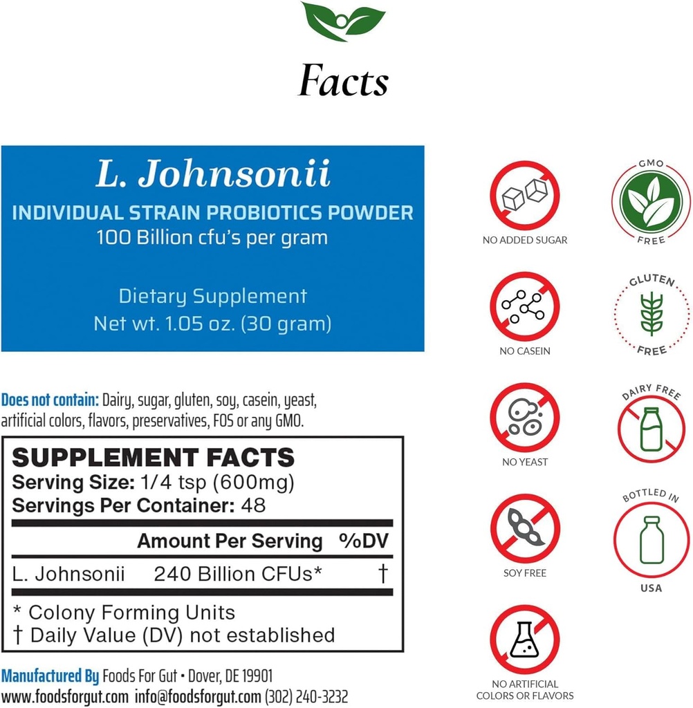 Alimentos para Gut Lactobacillus Johnsonii Powder Probiótico 100 Billion cfu's Silencio No Additives ← Direct from Manufacturer ← No Third-Party Storage ← Immune Support  L. Johnsonii ← 30 Grams (1.05 Oz)