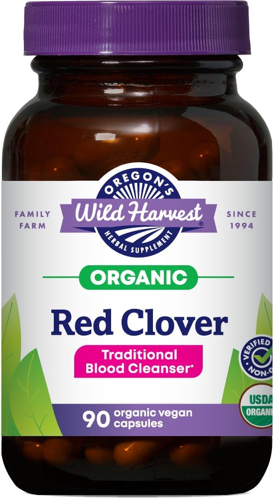 Los capsulas de piel roja de Oregón, suplementos herbales orgánicos no transgénicos, 90 conde, Blossoms de color rojo orgánico y hoja (Trifolium pratense), cápsulas no vegetarianas y nada más