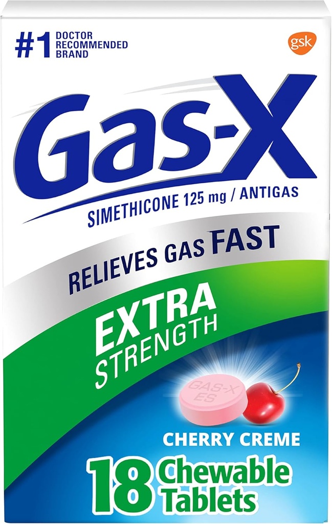 Gas-X Extra Strength Cajas de Alivio de Gas Chewable con Simethicone 125 mg, Cereza - 18 Conde