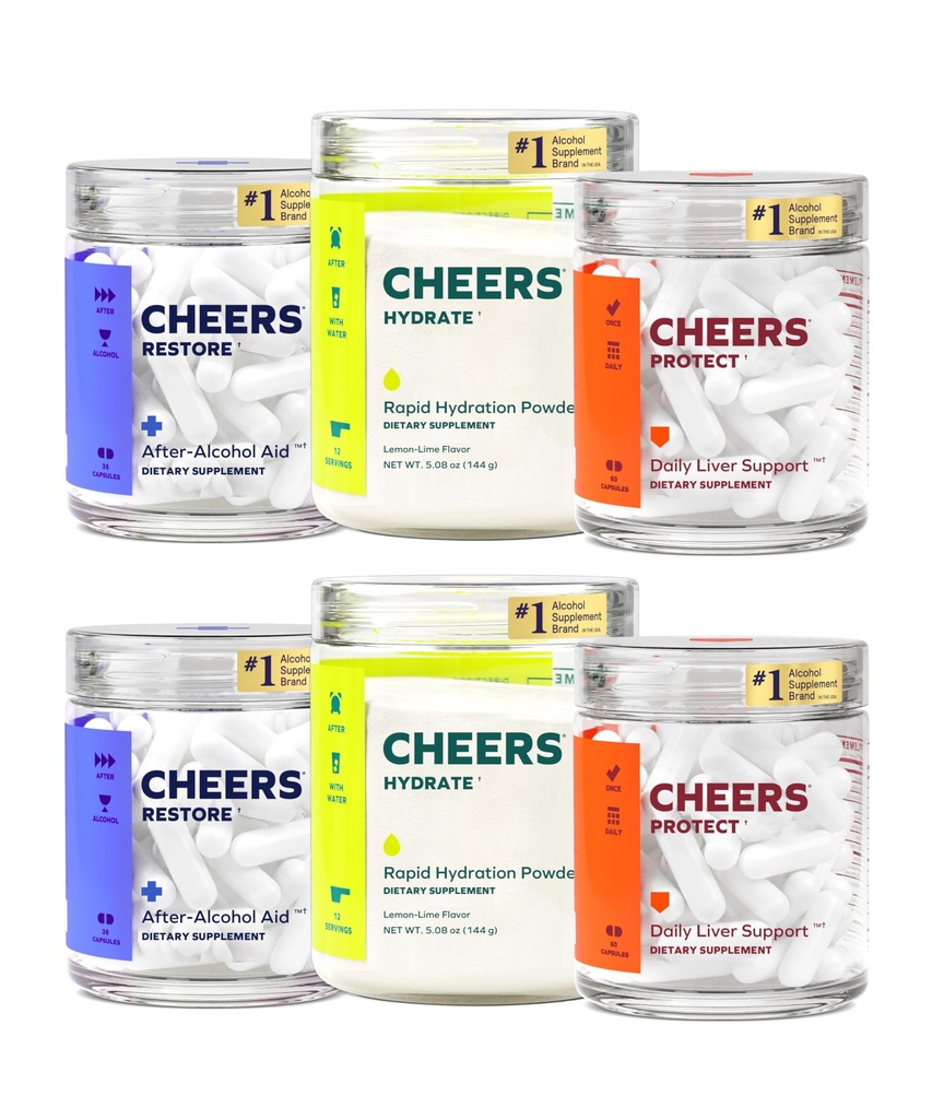 Cheers Super Combo Silencioso Restaurar + Proteger + Hydrate Silencio Se siente mejor después de beber, apoyar su hígado, " Rehydrate TEN DHM, L-Cysteine, Electrolytes TEN 24 Doses Restaurar " Hydrate, 60 Doses Proteger