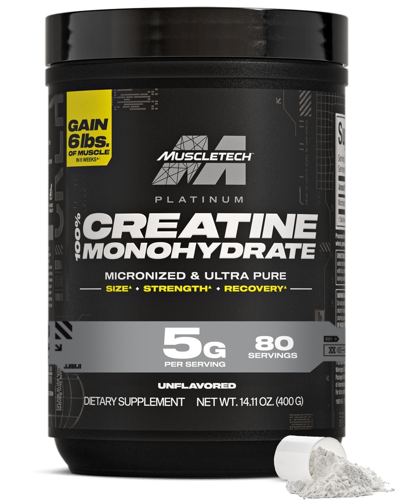 MuscleTech Creatine Monohydrate Powder, Platinum Pure - Unflavored Micronized Creatine for Men &amp; Women - Workout Supplements for Performance, Muscle Recovery & Builder-(80 Servings) Packaging May Vary