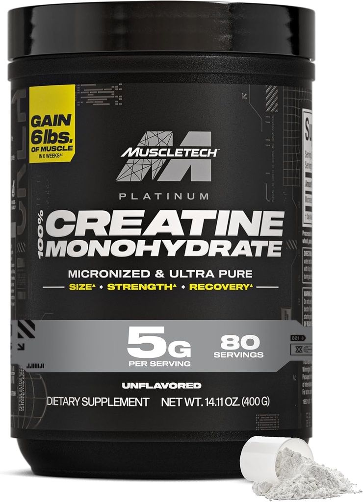 MuscleTech Creatine Monohydrate Powder, Platinum Pure - Unflavored Micronized Creatine for Men &amp; Women - Workout Supplements for Performance, Muscle Recovery & Builder-(80 Servings) Packaging May Vary