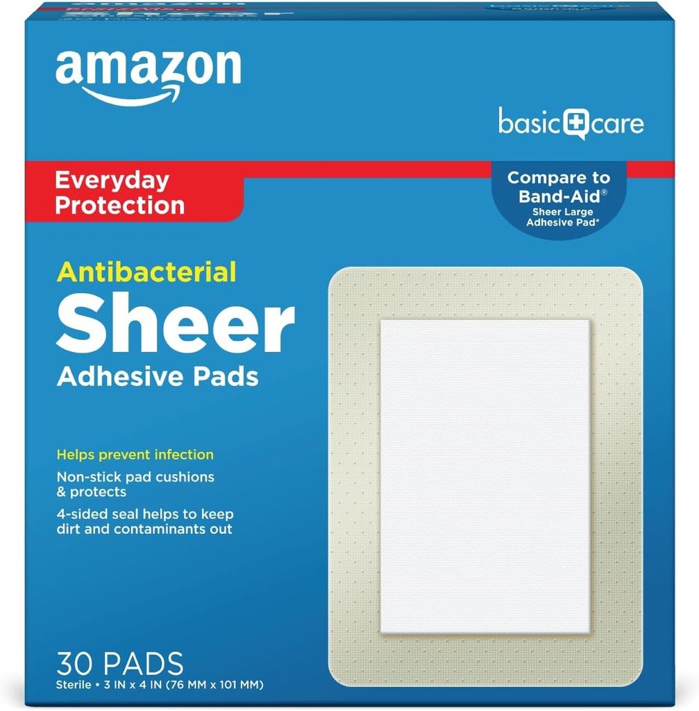   Basic Care Sheer Adhesive Pad Bandages, Extra Large Comfortable Non-Stick Pad, All Skin Types, 30 Count (3x4 inches)